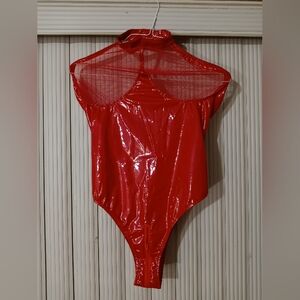 Red vinyl and mesh sleeveless bodysuit size 3XL